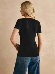 Poéselle V Neck Solid Tee All Black Short SummerTop - Black - View 5
