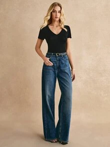 Poéselle V Neck Solid Tee All Black Short SummerTop - Black - View 7