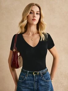 Poéselle V Neck Solid Tee All Black Short SummerTop - Black - View 4