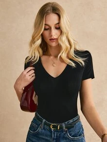 Poéselle V Neck Solid Tee All Black Short SummerTop - Black - View 6