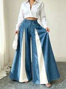 Elenzga Women's Denim Effect Print Wide Leg Loose Long Pants - Multicolor - View 2