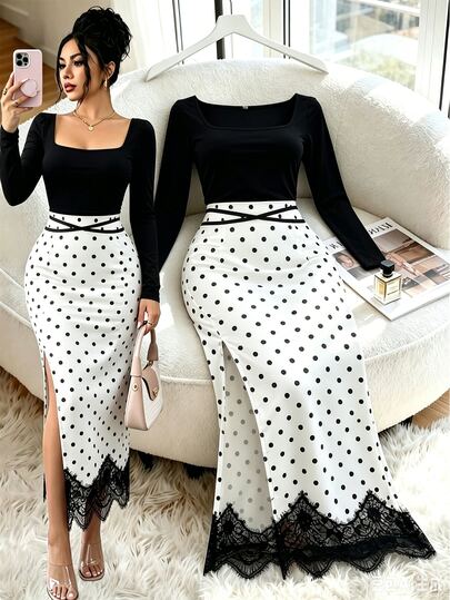 Elenzga Vestido de mujer con diseño de patchwork de lunares blancos y negros, cuello cuadrado, lazo en la cintura y manga larga, elegante vintage de los años 40, sofisticado para cumpleaños, brunch y citas