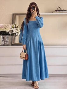 Breezaya Gaun Pesta Kasual Lipit Warna Polos untuk Wanita - Biru - View 2