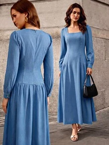 Breezaya Gaun Pesta Kasual Lipit Warna Polos untuk Wanita - Biru - View 4