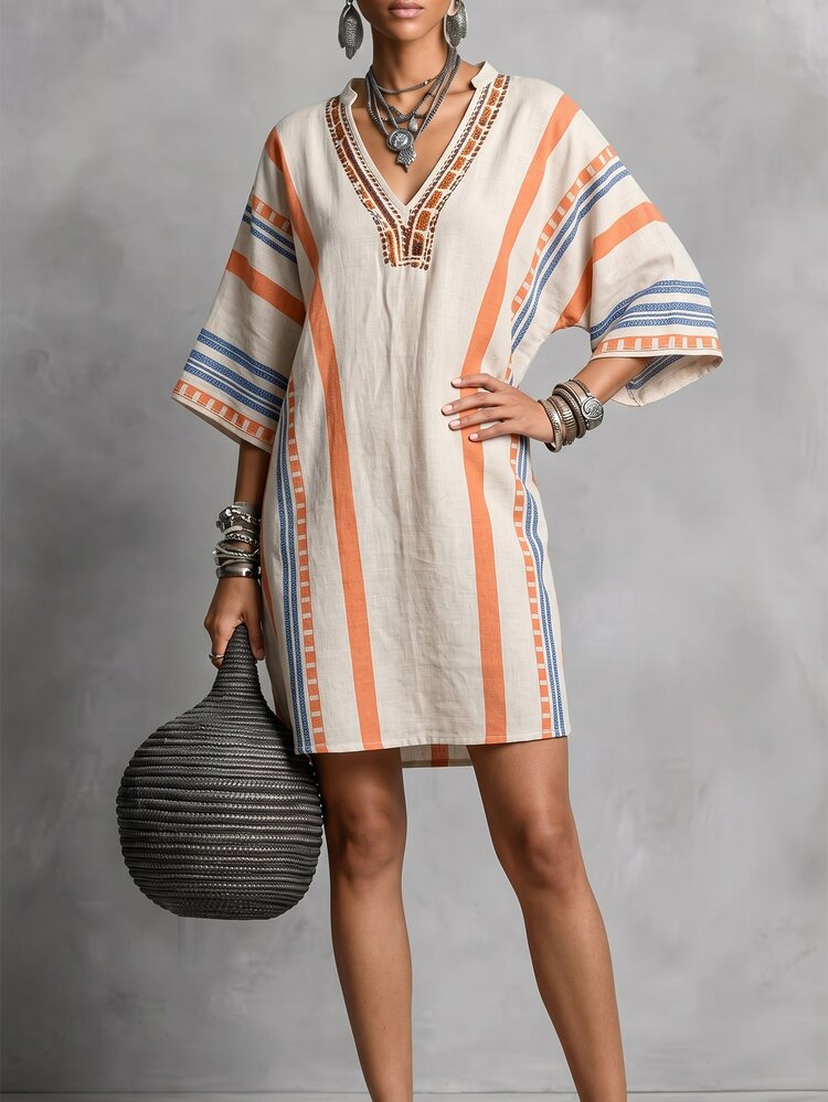 Omancia Women's Summer Short Dress, Off-White Base Geometric Stripe Print, Notched V-Neck, Cap Sleeves, Straight Silhouette, Boho Design, Beach, Festival - Multicolor - View 1
