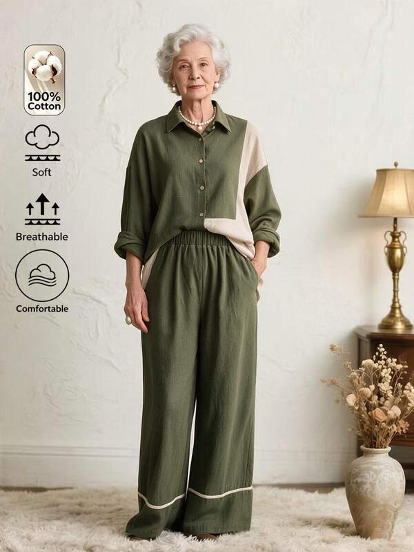 Omancia Women Mature Casual Two Pieces Set, Green Beige Color‑Block Collared Shirt, Elastic Waist Wide Leg Cotton Pants, For Autumn Daily Commute Wear