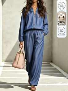SHEIN LUNE Solid Lantern Sleeve Top Wide Leg Pants Travel Aqua Blue Autumn Casual - Blue - View 8