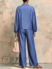 SHEIN LUNE Solid Lantern Sleeve Top Wide Leg Pants Travel Aqua Blue Autumn Casual - Blue - View 2