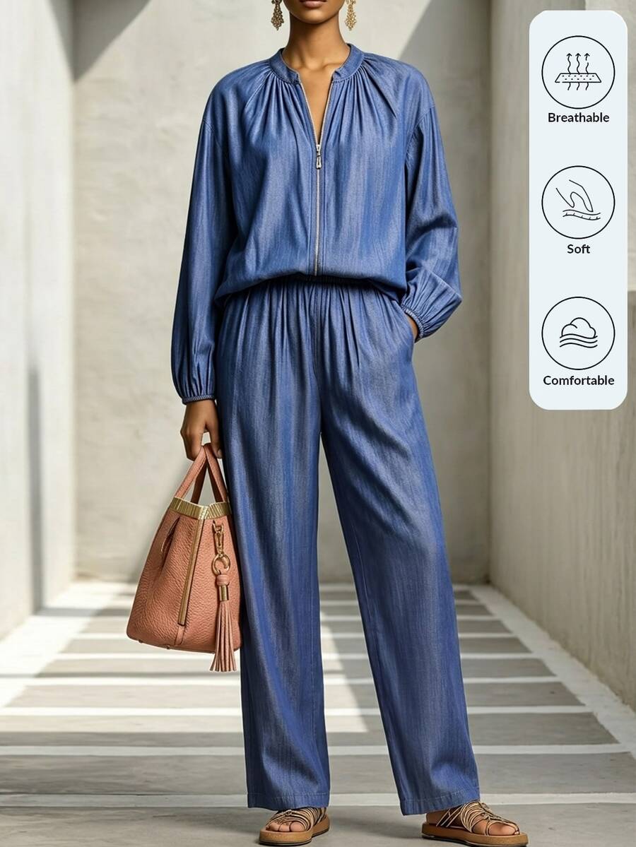 SHEIN LUNE Solid Lantern Sleeve Top Wide Leg Pants Travel Aqua Blue Autumn Casual - Blue - View 1