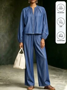 SHEIN LUNE Solid Lantern Sleeve Top Wide Leg Pants Travel Aqua Blue Autumn Casual - Blue - View 4