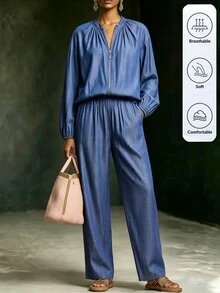 SHEIN LUNE Solid Lantern Sleeve Top Wide Leg Pants Travel Aqua Blue Autumn Casual - Blue - View 6