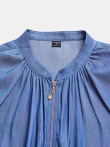 SHEIN LUNE Solid Lantern Sleeve Top Wide Leg Pants Travel Aqua Blue Autumn Casual - Blue - View 3