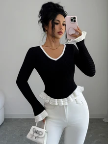 SHEIN Elenzya Women's Autumn/Winter Black & White Contrast Ruffle V-Neck Elegant Ribbed Knit Fitted Casual Base Layer Sweater - Black and White - View 3