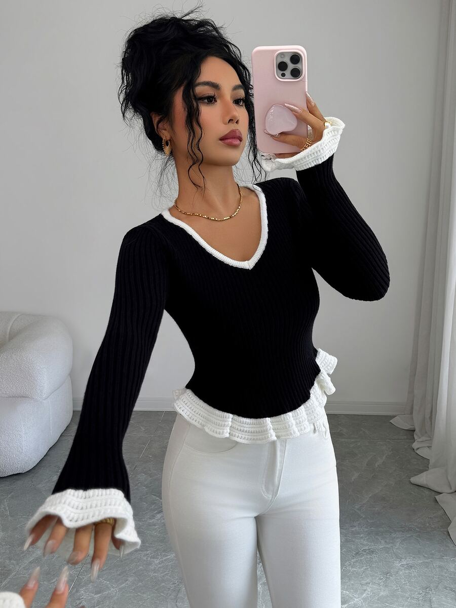 SHEIN Elenzya Women's Autumn/Winter Black & White Contrast Ruffle V-Neck Elegant Ribbed Knit Fitted Casual Base Layer Sweater - Black and White - View 1