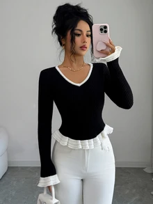 SHEIN Elenzya Women's Autumn/Winter Black & White Contrast Ruffle V-Neck Elegant Ribbed Knit Fitted Casual Base Layer Sweater - Black and White - View 5