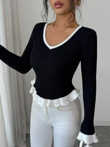 SHEIN Elenzya Women's Autumn/Winter Black & White Contrast Ruffle V-Neck Elegant Ribbed Knit Fitted Casual Base Layer Sweater - Black and White - View 6