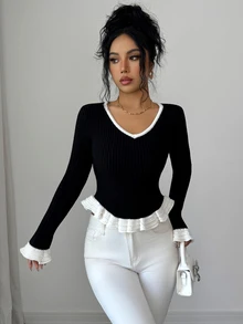 SHEIN Elenzya Women's Autumn/Winter Black & White Contrast Ruffle V-Neck Elegant Ribbed Knit Fitted Casual Base Layer Sweater - Black and White - View 4