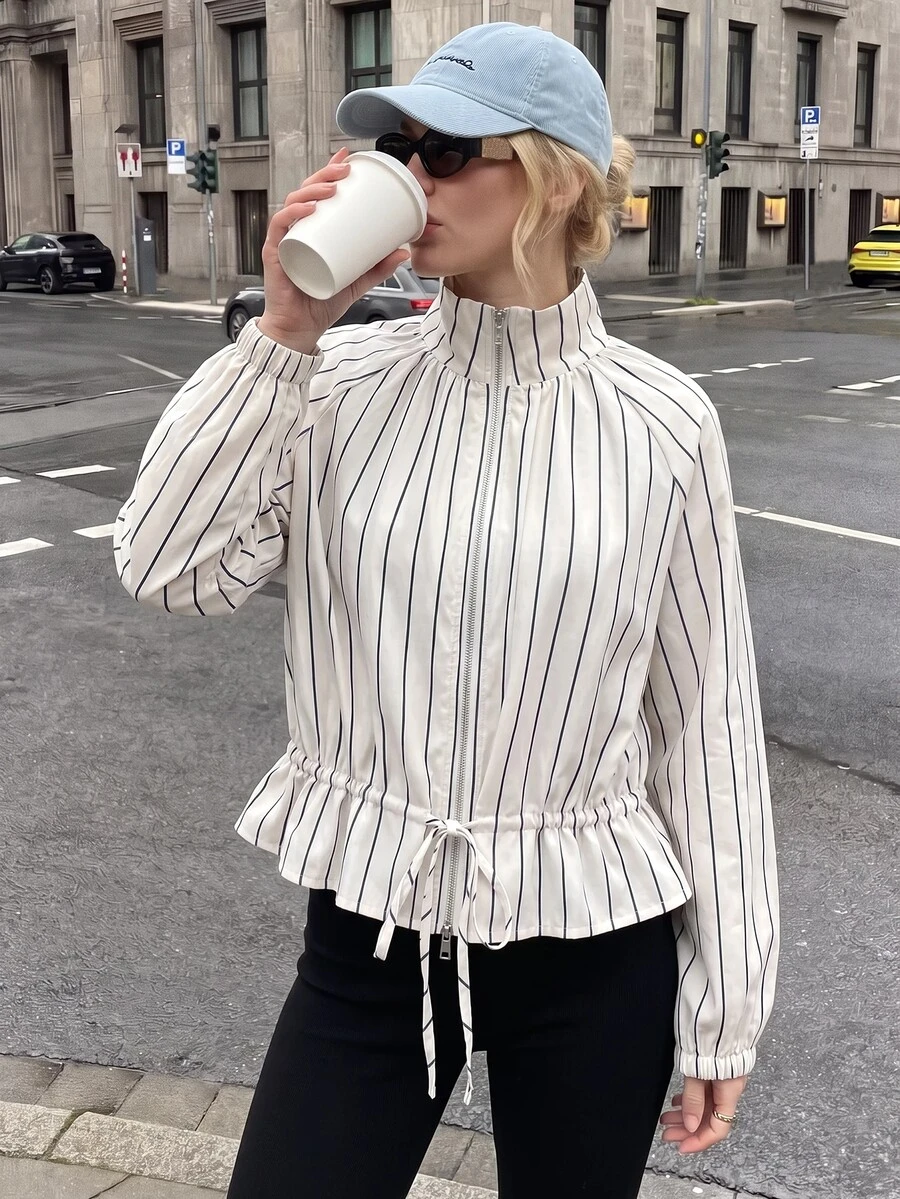 SHEIN Unity New Women's Apricot Striped Print Double Zipper Drawstring Tie Long Sleeve Casual Jacket - Apricot - View 1