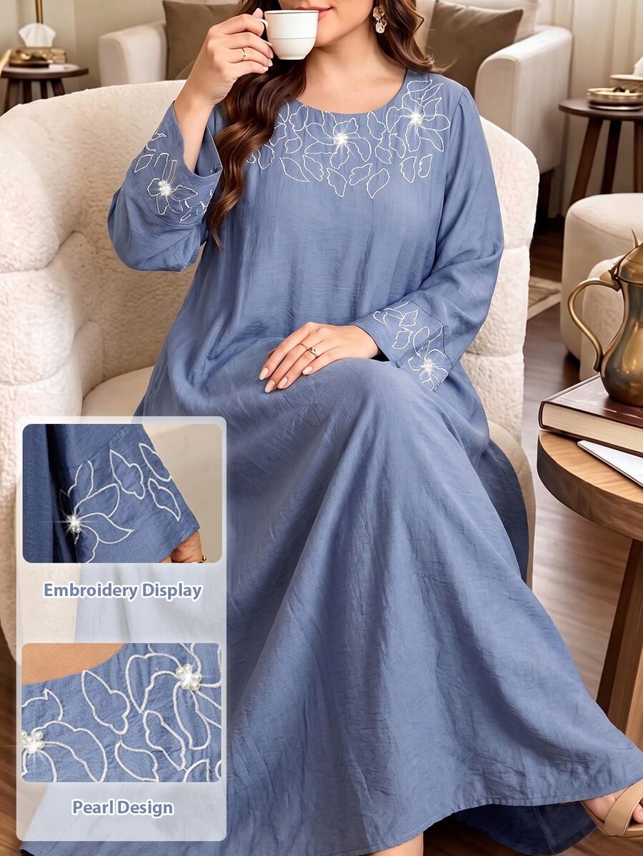 Al Najma 女款圓領長袖刺繡串珠寬鬆舒適優雅大尺碼阿拉伯風洋裝 - 霧霾藍 - 查看 1