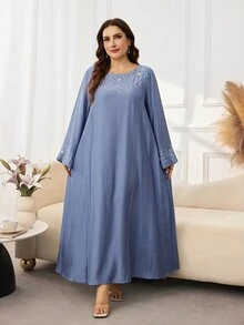 Al Najma 女款圓領長袖刺繡串珠寬鬆舒適優雅大尺碼阿拉伯風洋裝 - 霧霾藍 - 查看 5