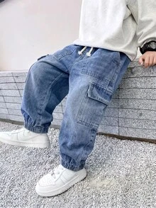 SHEIN Mirajuku 小男孩工裝束口牛仔褲，四季百搭街頭休閒復古風，淺藍色水洗牛仔，蝴蝶結，側口袋，做舊，冬季 - 淺色水洗藍 - 查看 1