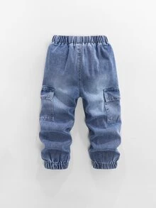 SHEIN Mirajuku 小男孩工裝束口牛仔褲，四季百搭街頭休閒復古風，淺藍色水洗牛仔，蝴蝶結，側口袋，做舊，冬季 - 淺色水洗藍 - 查看 2