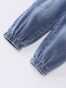 SHEIN Mirajuku 小男孩工裝束口牛仔褲，四季百搭街頭休閒復古風，淺藍色水洗牛仔，蝴蝶結，側口袋，做舊，冬季 - 淺色水洗藍 - 查看 5