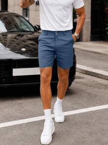 Manfinity Homme Men's Solid Color Pocket Button Casual Versatile Daily Travel Shorts - Blue - View 5