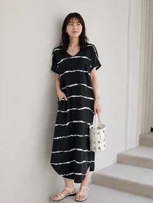 SHEIN LUNE 女款條紋V領短袖口袋休閒洋裝，夏季休閒 - 黑色 - 查看 1