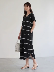 SHEIN LUNE 女款條紋V領短袖口袋休閒洋裝，夏季休閒 - 黑色 - 查看 5