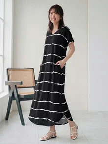 SHEIN LUNE 女款條紋V領短袖口袋休閒洋裝，夏季休閒 - 黑色 - 查看 6