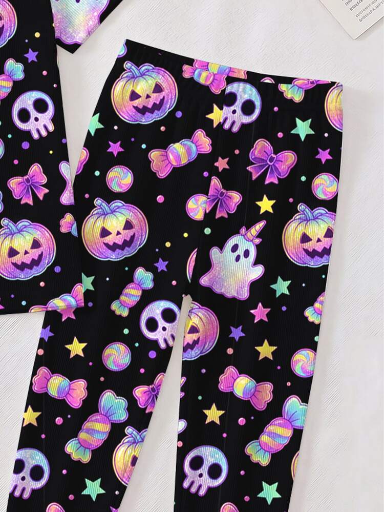 [Random 5 Sets, 1 Set Free! Surprise Gift Box!!!] Cute Printed Knit Pajama Set For Girls, Comfortable And Cozy, Suitable For Daily Wear, Autumn Girls' Clothing, Fluorescent Halloween Print Pajama Set, Comfortable Short Sleeve Top And Pants - Multicolor - View 5