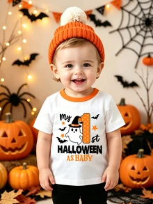 SHEIN Playful Pals 中性嬰兒 My 1st Halloween 可愛卡通幽靈圖案圓領對比色短袖T恤 休閒幼兒秋季節日上衣 0-3Y - 白色 - 查看 2