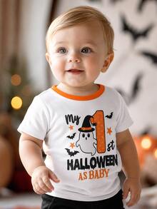 SHEIN Playful Pals 中性嬰兒 My 1st Halloween 可愛卡通幽靈圖案圓領對比色短袖T恤 休閒幼兒秋季節日上衣 0-3Y - 白色 - 查看 1