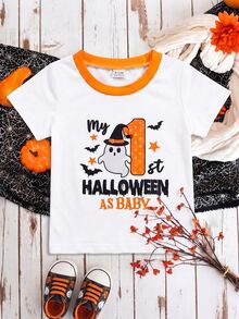 SHEIN Playful Pals 中性嬰兒 My 1st Halloween 可愛卡通幽靈圖案圓領對比色短袖T恤 休閒幼兒秋季節日上衣 0-3Y - 白色 - 查看 7