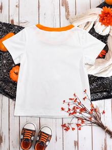 SHEIN Playful Pals 中性嬰兒 My 1st Halloween 可愛卡通幽靈圖案圓領對比色短袖T恤 休閒幼兒秋季節日上衣 0-3Y - 白色 - 查看 3