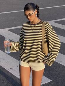 SHEIN 青少年女孩秋季黃色條紋印花時尚簡約圓領長袖T恤，適合返校時尚穿搭 - 黃色 - 查看 3