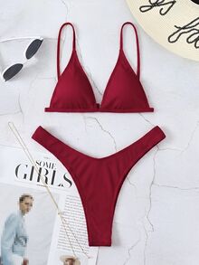Swim Vcay 女款夏季海灘純色細肩帶性感比基尼三角褲兩件式泳衣套裝 - 酒紅色 - 查看 3