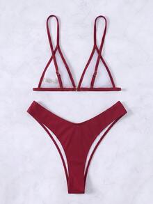 Swim Vcay 女款夏季海灘純色細肩帶性感比基尼三角褲兩件式泳衣套裝 - 酒紅色 - 查看 4