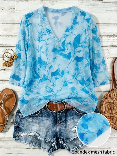 GlowEve Elegant 1960s Plant Pattern Printed 3/4 Sleeve Tee For Women, V Neck Casual Top For Daily Outings Dates Tidur Autumn Formal Morning Blue Light