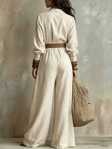 Balvessa Women's Versatile Casual Button Long Sleeve Pleated Jumpsuit - Apricot - View 2