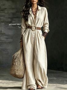 Balvessa Women's Versatile Casual Button Long Sleeve Pleated Jumpsuit - Apricot - View 3