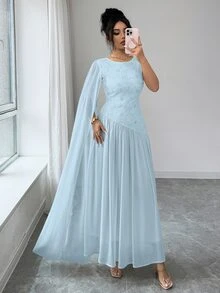 Elenzga 女款圓領亮片3D拼接優雅禮服，婚禮派對正式穿著，藍色花卉夏季款 - 淺藍色 - 查看 5