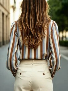 Breezaya Casual Commute Colorblock Striped Print V-Neck Long Sleeve Shirt - Multicolor - View 2