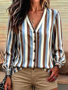 Breezaya Casual Commute Colorblock Striped Print V-Neck Long Sleeve Shirt - Multicolor - View 3