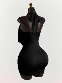 SaltGleam SaltGleam Women's Elegant Metal Buckle Bodycon Ruched Fashion Halter Mini Dress - Black - View 2