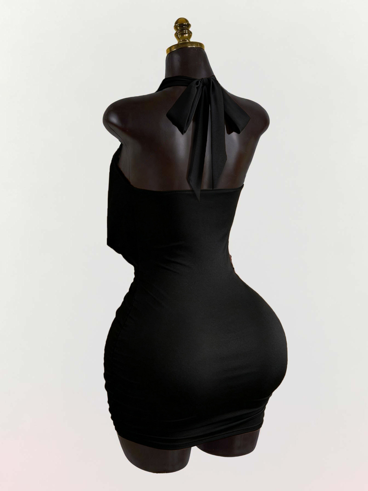 SaltGleam SaltGleam Women's Elegant Metal Buckle Bodycon Ruched Fashion Halter Mini Dress - Black - View 2