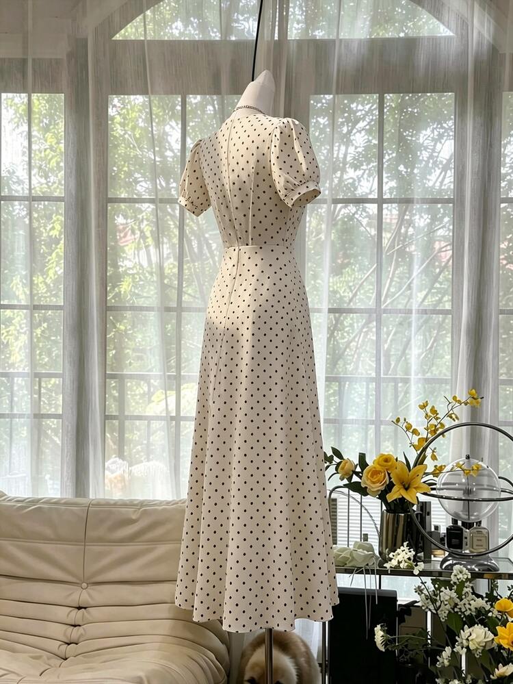 Celisse Women's Elegant Polka Dot Print Overlap Collar Puff Sleeve Dress, Summer - Apricot - View 2