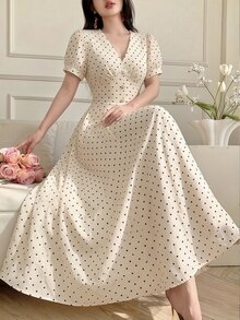 Celisse 女款優雅波點印花疊領泡泡袖洋裝，夏季 - 杏色 - 查看 6