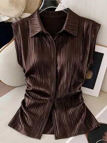 SHEIN Unity Women's Solid Color Casual Elegant Versatile Daily Wear Top Brunch Dark Brown Summer - Coffee Brown - View 4